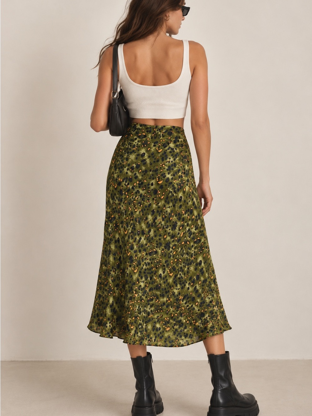 Nasty Gal Olive Green Leopard Print Satin Midi Drop Skirt Size 4 - Picture 2 of 6